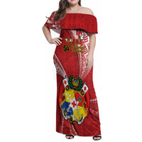 Personalised Tonga Independence Day Family Matching Off Shoulder Maxi Dress and Hawaiian Shirt Happy 54th Independence Anniversary Ngatu Pattern LT14 Mom's Dress Red - Polynesian Pride