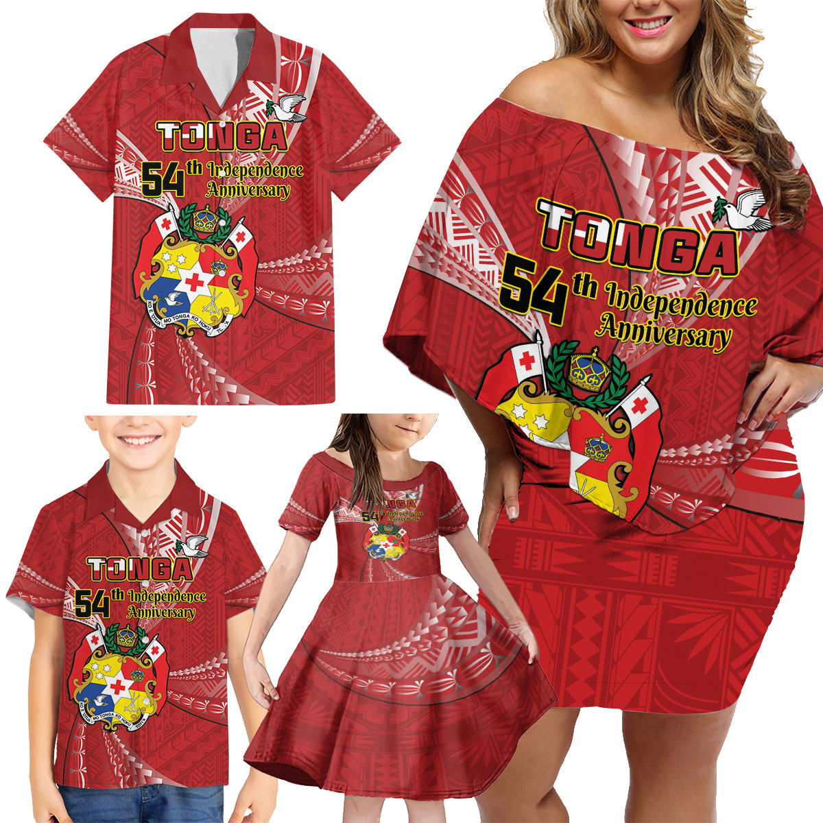 Personalised Tonga Independence Day Family Matching Off Shoulder Short Dress and Hawaiian Shirt Happy 54th Independence Anniversary Ngatu Pattern LT14 - Polynesian Pride