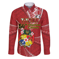 Personalised Tonga Independence Day Family Matching Off Shoulder Short Dress and Hawaiian Shirt Happy 54th Independence Anniversary Ngatu Pattern LT14 Dad's Shirt - Long Sleeve Red - Polynesian Pride
