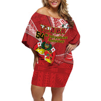 Personalised Tonga Independence Day Family Matching Off Shoulder Short Dress and Hawaiian Shirt Happy 54th Independence Anniversary Ngatu Pattern LT14 Mom's Dress Red - Polynesian Pride