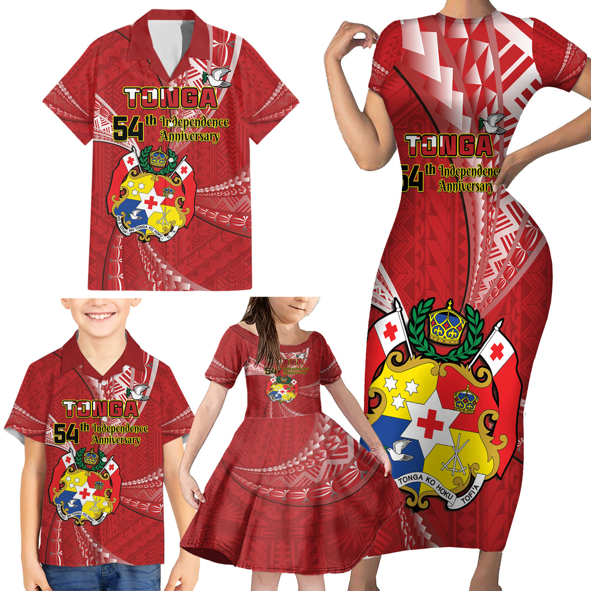 Personalised Tonga Independence Day Family Matching Short Sleeve Bodycon Dress and Hawaiian Shirt Happy 54th Independence Anniversary Ngatu Pattern LT14 - Polynesian Pride