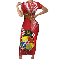 Personalised Tonga Independence Day Family Matching Short Sleeve Bodycon Dress and Hawaiian Shirt Happy 54th Independence Anniversary Ngatu Pattern LT14 Mom's Dress Red - Polynesian Pride