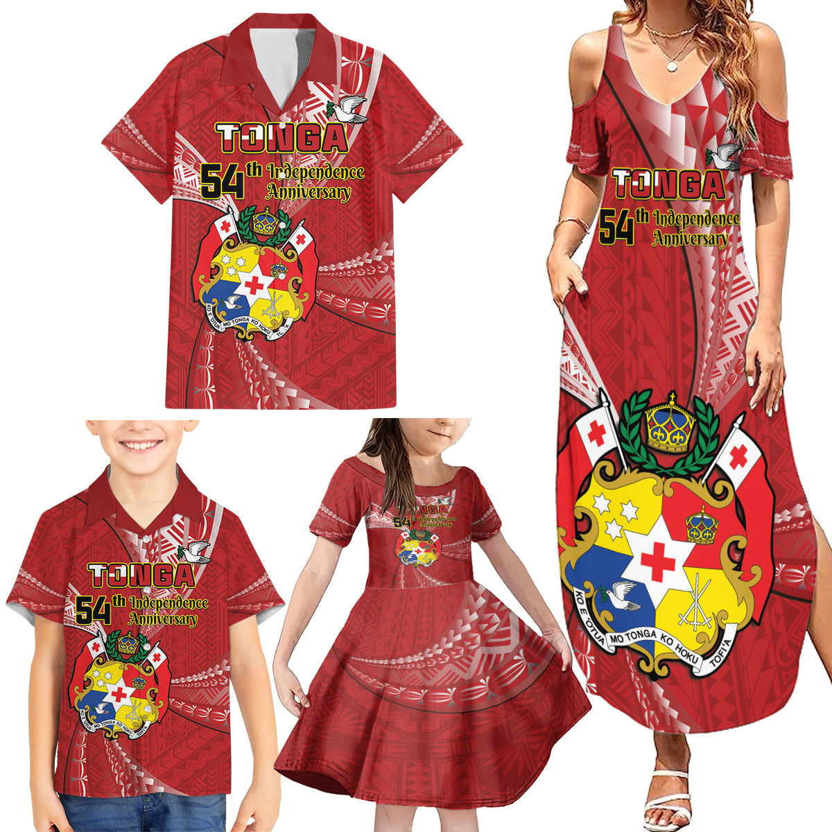 Personalised Tonga Independence Day Family Matching Summer Maxi Dress and Hawaiian Shirt Happy 54th Independence Anniversary Ngatu Pattern LT14 - Polynesian Pride