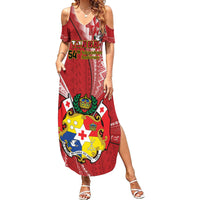 Personalised Tonga Independence Day Family Matching Summer Maxi Dress and Hawaiian Shirt Happy 54th Independence Anniversary Ngatu Pattern LT14 Mom's Dress Red - Polynesian Pride