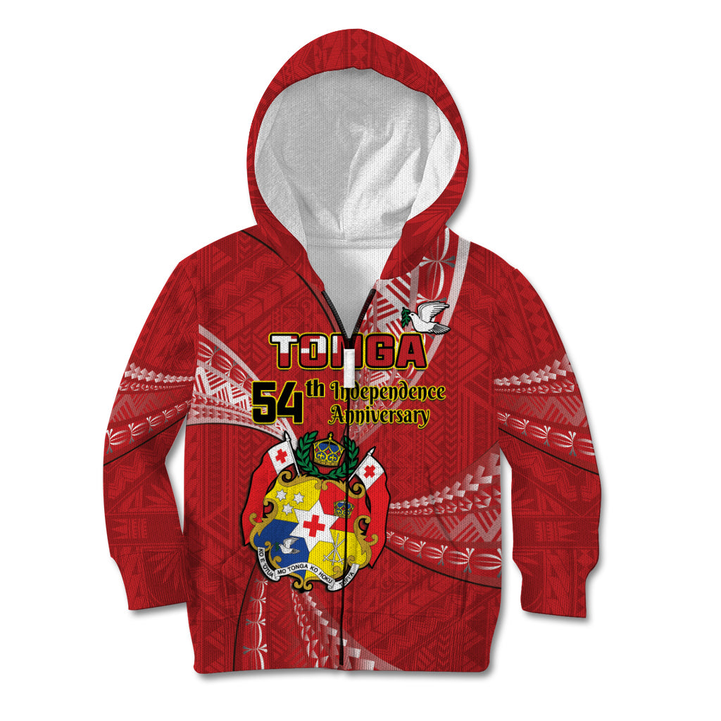 Personalised Tonga Independence Day Kid Hoodie Happy 54th Independence Anniversary Ngatu Pattern LT14 Zip Hoodie Red - Polynesian Pride