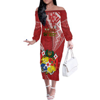 Personalised Tonga Independence Day Off The Shoulder Long Sleeve Dress Happy 54th Independence Anniversary Ngatu Pattern LT14 Women Red - Polynesian Pride