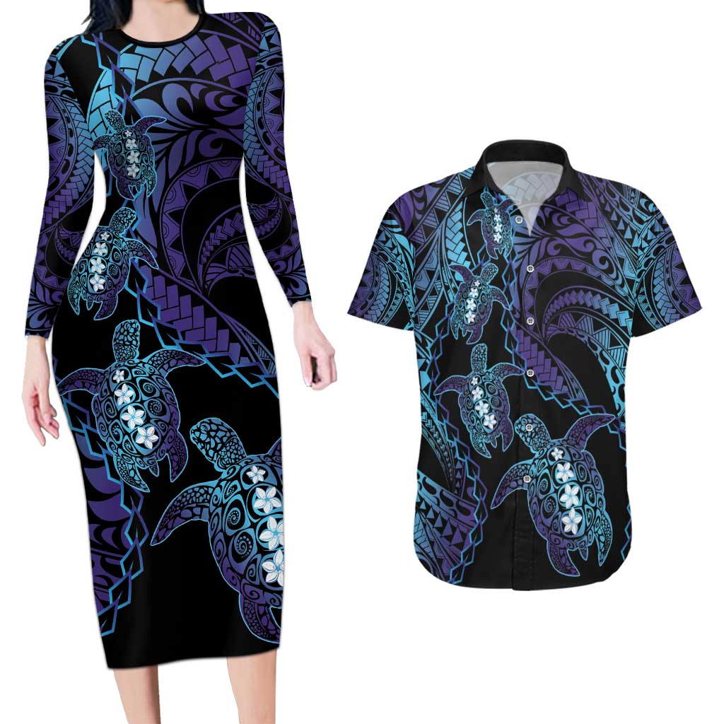 Polynesia Sea Turtle Day Couples Matching Long Sleeve Bodycon Dress and Hawaiian Shirt Tribal Honu Plumeria Polynesian Pattern LT14 Purple - Polynesian Pride