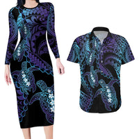 Polynesia Sea Turtle Day Couples Matching Long Sleeve Bodycon Dress and Hawaiian Shirt Tribal Honu Plumeria Polynesian Pattern LT14 Purple - Polynesian Pride