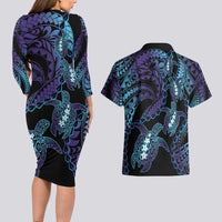 Polynesia Sea Turtle Day Couples Matching Long Sleeve Bodycon Dress and Hawaiian Shirt Tribal Honu Plumeria Polynesian Pattern LT14 - Polynesian Pride
