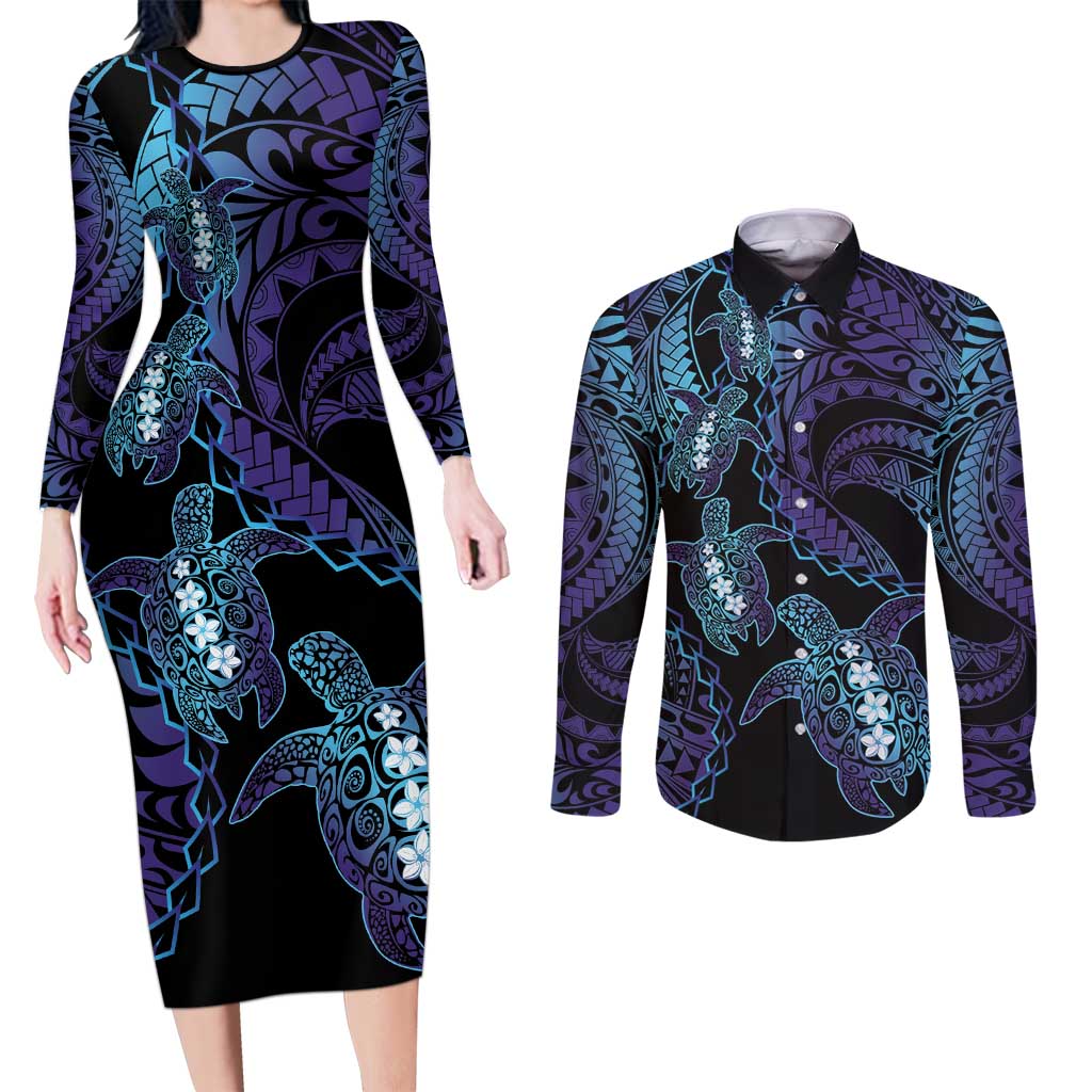 Polynesia Sea Turtle Day Couples Matching Long Sleeve Bodycon Dress and Long Sleeve Button Shirt Tribal Honu Plumeria Polynesian Pattern LT14 Purple - Polynesian Pride