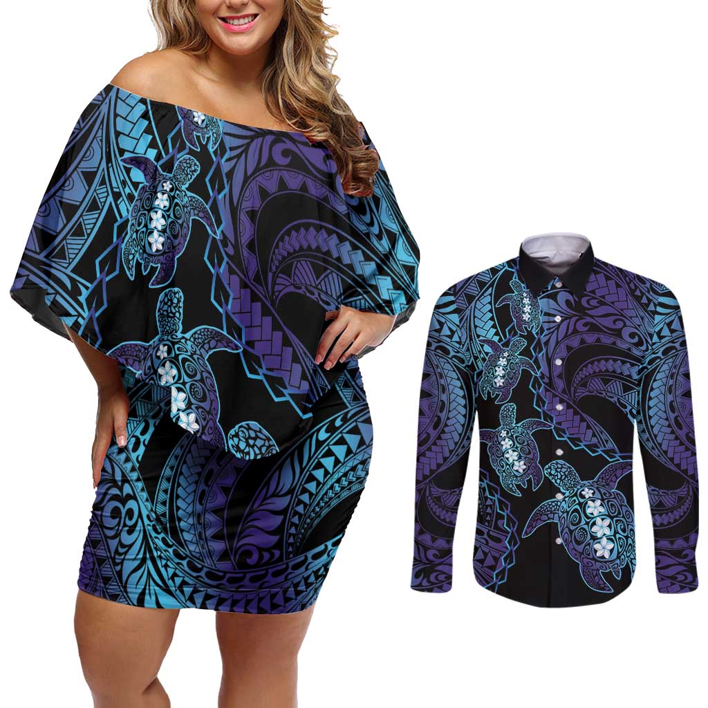 Polynesia Sea Turtle Day Couples Matching Off Shoulder Short Dress and Long Sleeve Button Shirt Tribal Honu Plumeria Polynesian Pattern LT14 Purple - Polynesian Pride