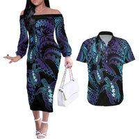 Polynesia Sea Turtle Day Couples Matching Off The Shoulder Long Sleeve Dress and Hawaiian Shirt Tribal Honu Plumeria Polynesian Pattern LT14 Purple - Polynesian Pride