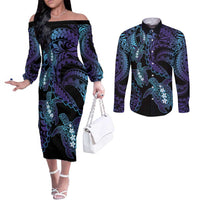 Polynesia Sea Turtle Day Couples Matching Off The Shoulder Long Sleeve Dress and Long Sleeve Button Shirt Tribal Honu Plumeria Polynesian Pattern LT14 Purple - Polynesian Pride