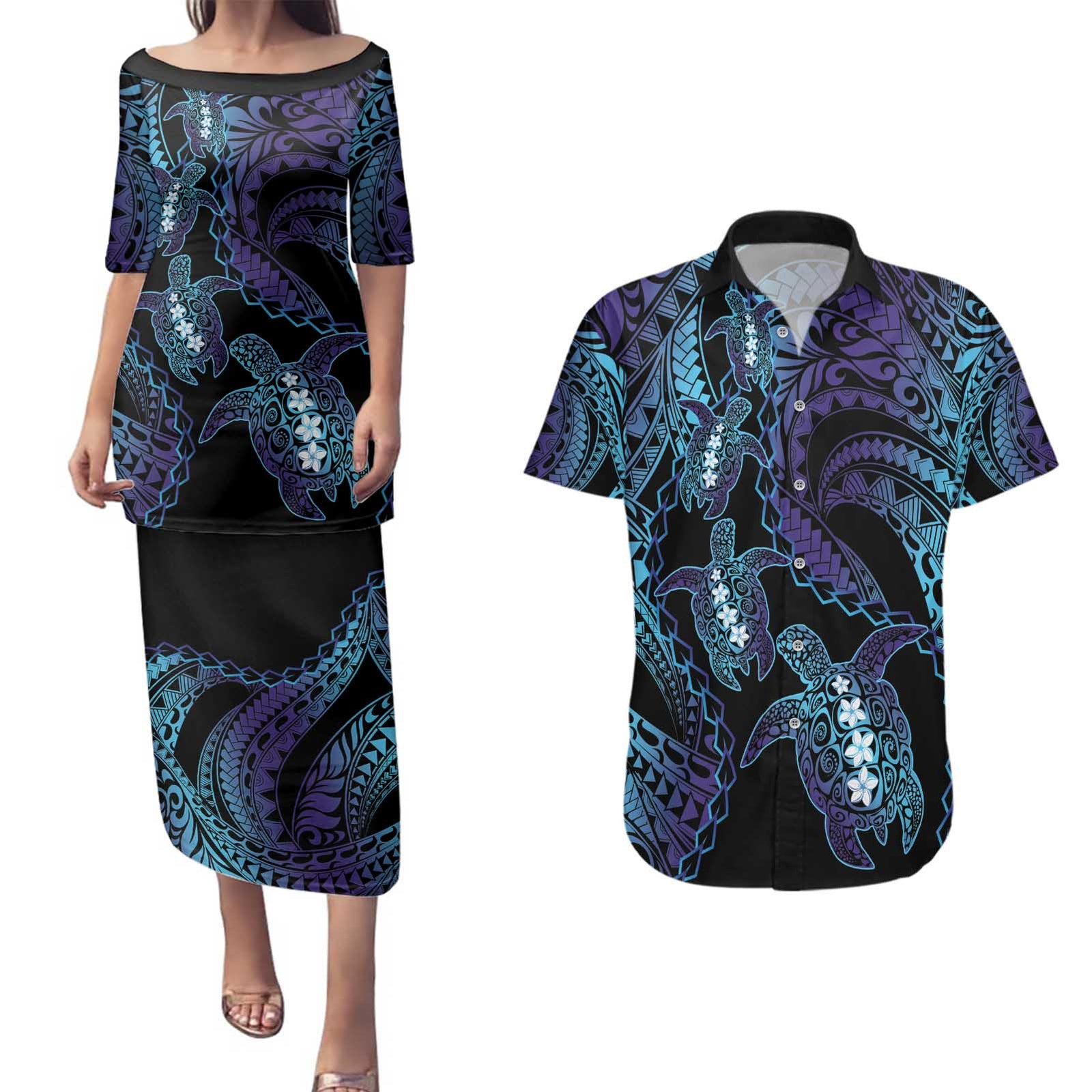 Polynesia Sea Turtle Day Couples Matching Puletasi and Hawaiian Shirt Tribal Honu Plumeria Polynesian Pattern