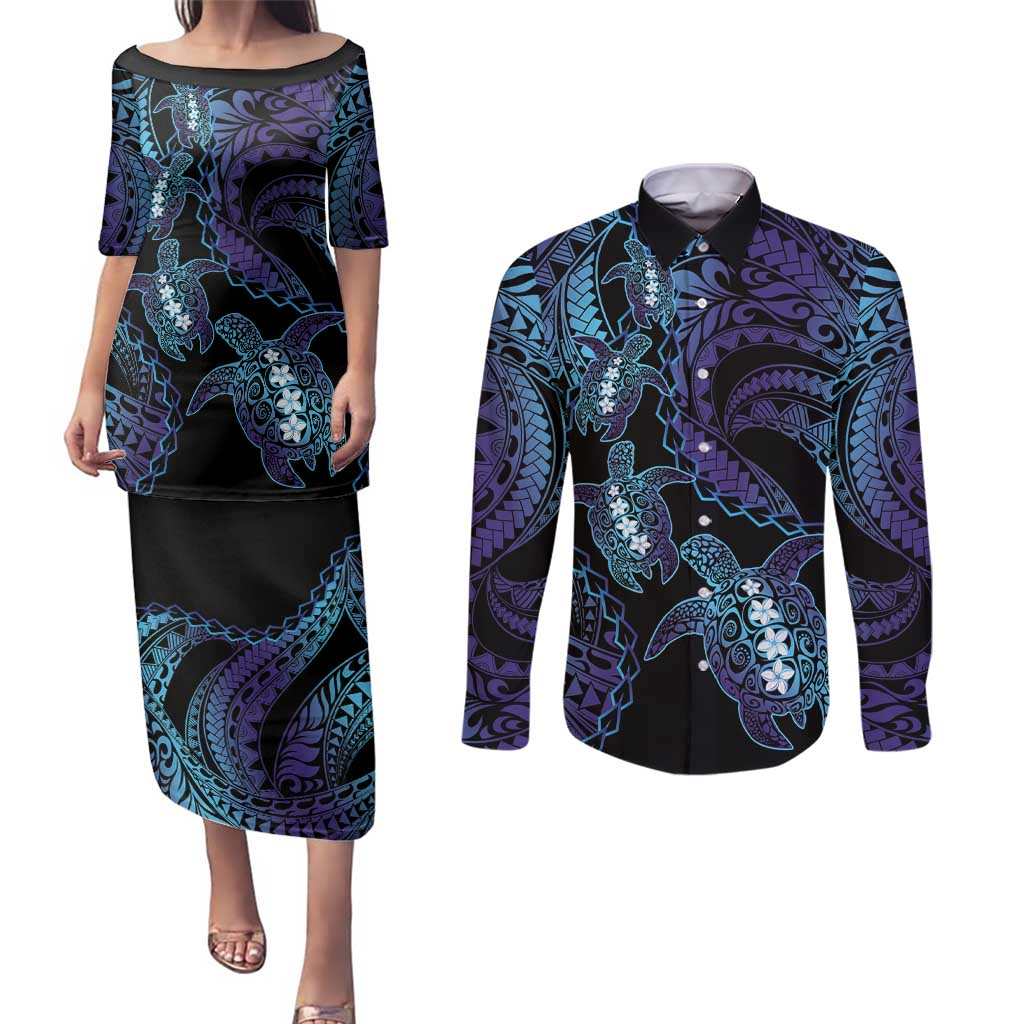 Polynesia Sea Turtle Day Couples Matching Puletasi and Long Sleeve Button Shirt Tribal Honu Plumeria Polynesian Pattern LT14 Purple - Polynesian Pride
