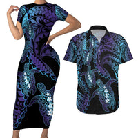 Polynesia Sea Turtle Day Couples Matching Short Sleeve Bodycon Dress and Hawaiian Shirt Tribal Honu Plumeria Polynesian Pattern LT14 Purple - Polynesian Pride