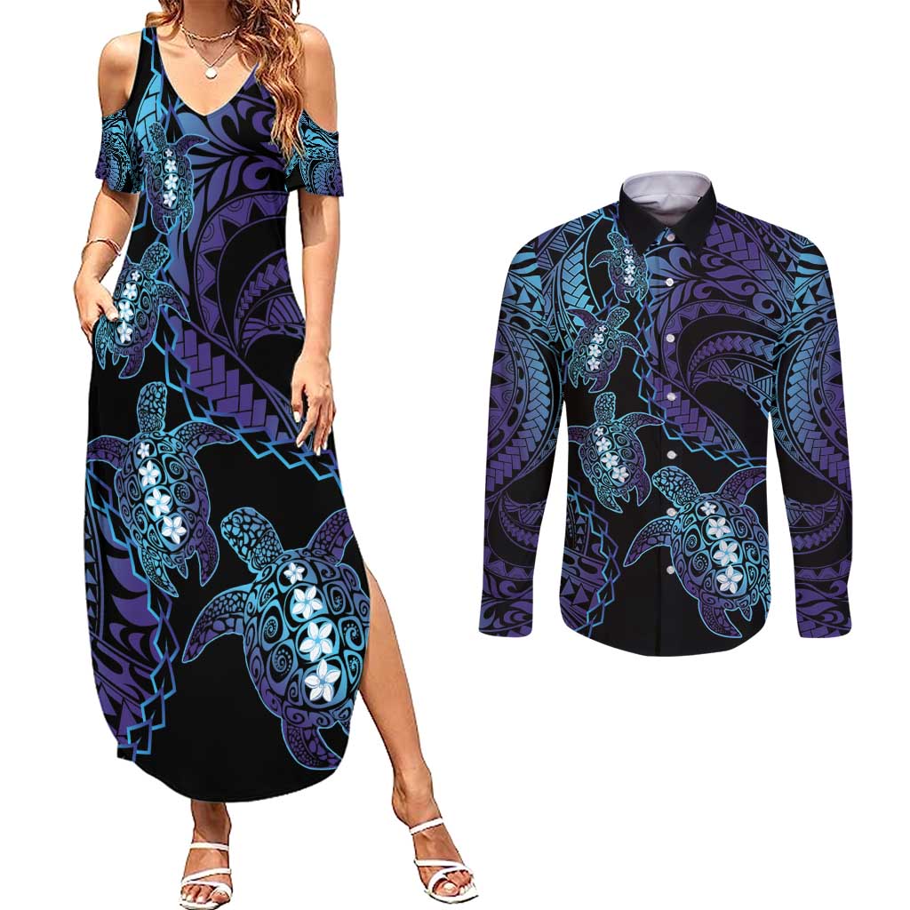 Polynesia Sea Turtle Day Couples Matching Summer Maxi Dress and Long Sleeve Button Shirt Tribal Honu Plumeria Polynesian Pattern LT14 Purple - Polynesian Pride