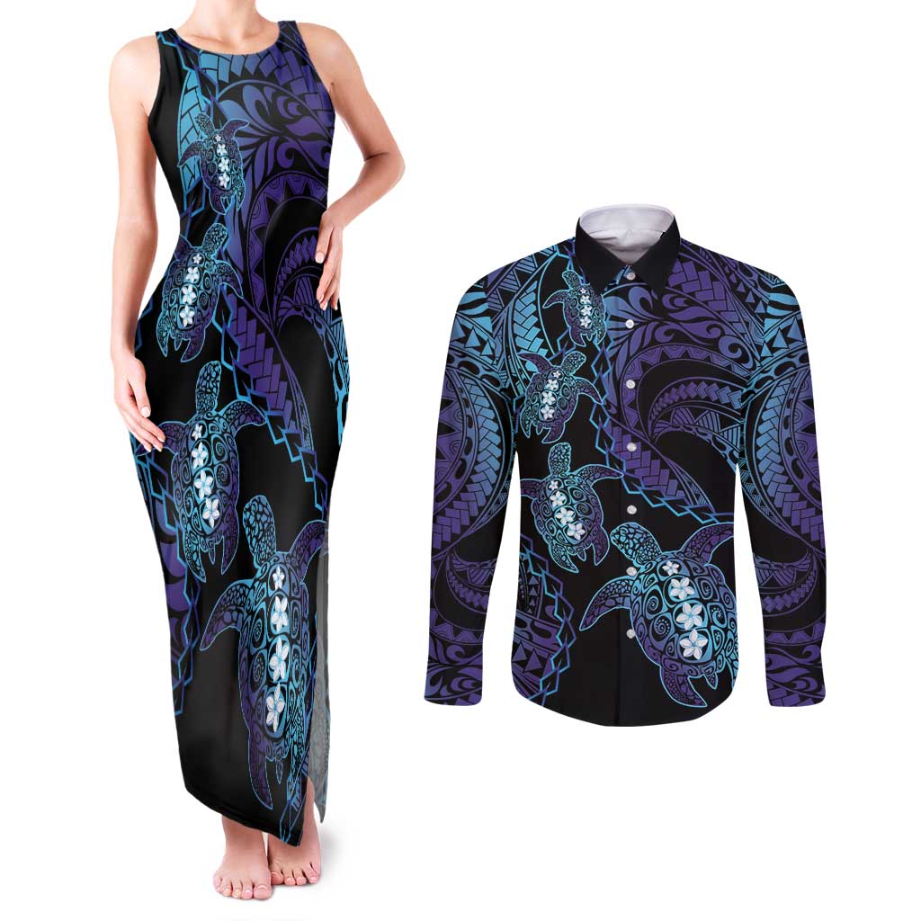 Polynesia Sea Turtle Day Couples Matching Tank Maxi Dress and Long Sleeve Button Shirt Tribal Honu Plumeria Polynesian Pattern LT14 Purple - Polynesian Pride