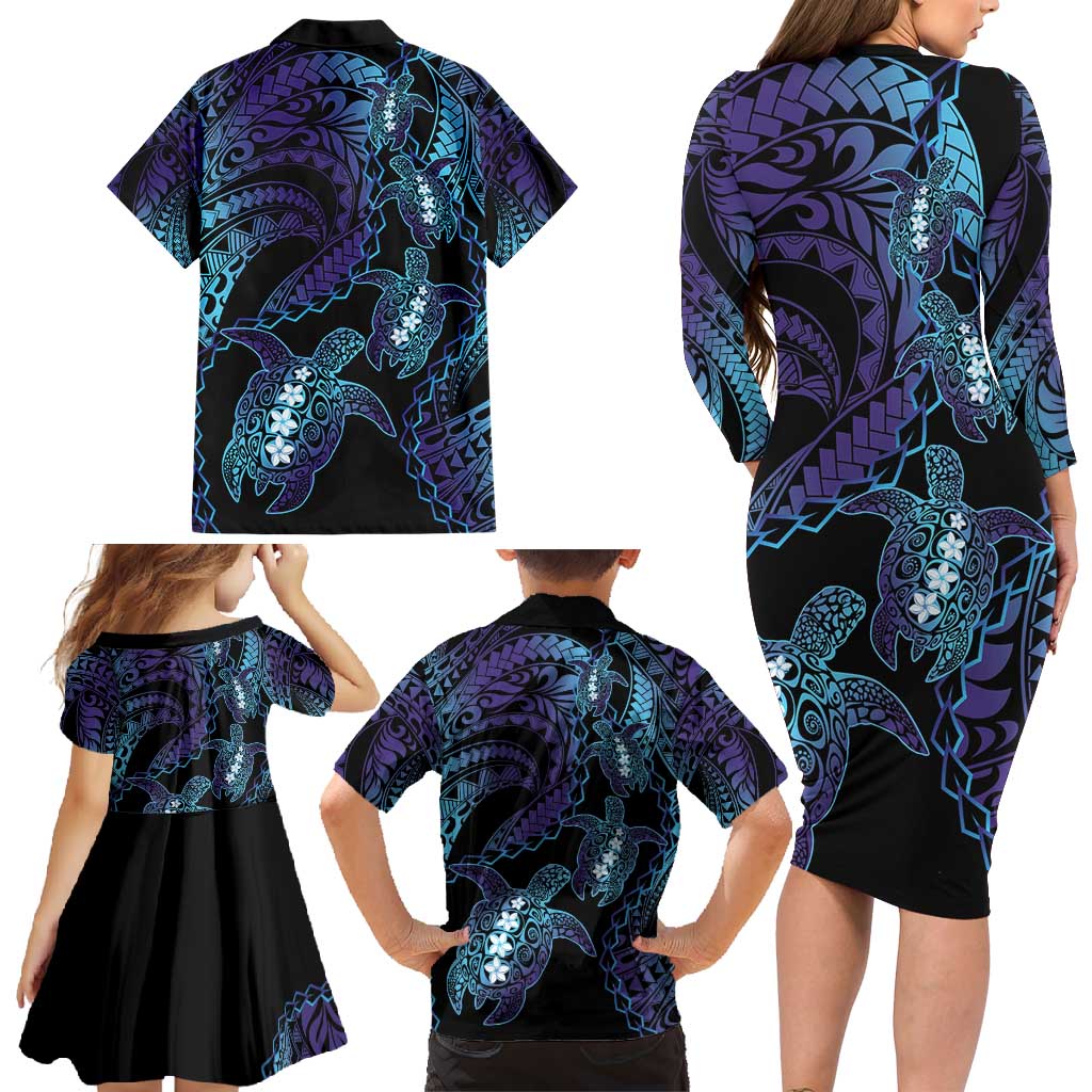 Polynesia Sea Turtle Day Family Matching Long Sleeve Bodycon Dress and Hawaiian Shirt Tribal Honu Plumeria Polynesian Pattern LT14 - Polynesian Pride