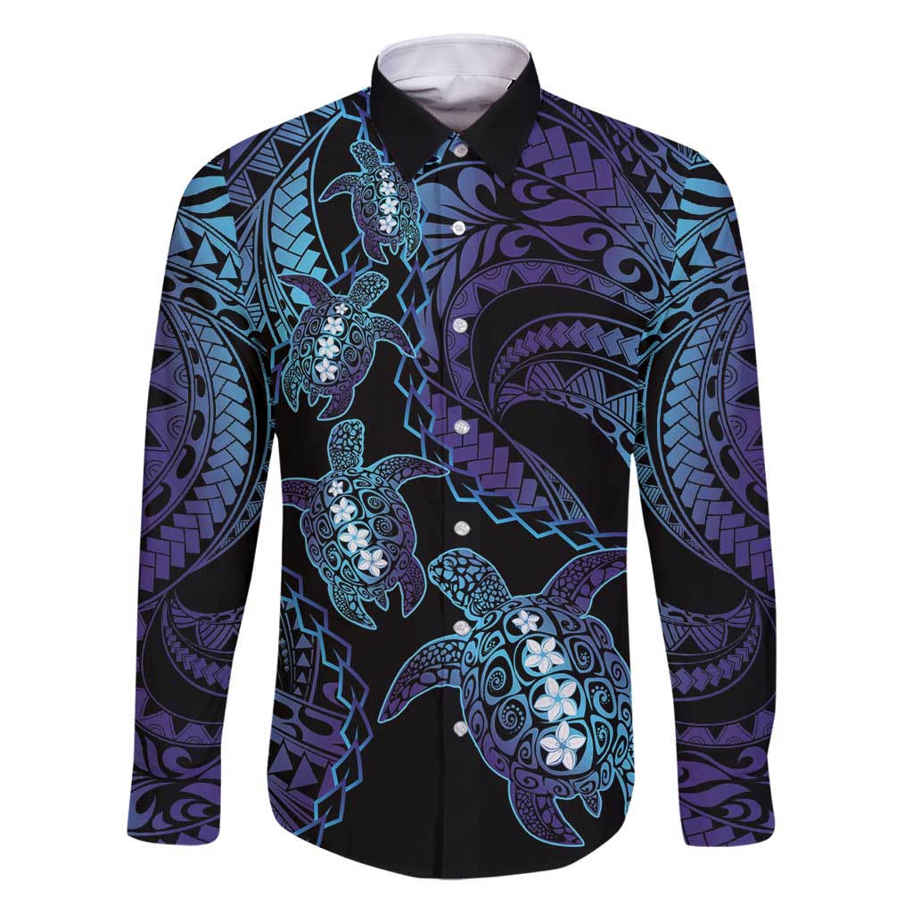 Polynesia Sea Turtle Day Family Matching Long Sleeve Bodycon Dress and Hawaiian Shirt Tribal Honu Plumeria Polynesian Pattern LT14 Dad's Shirt - Long Sleeve Purple - Polynesian Pride