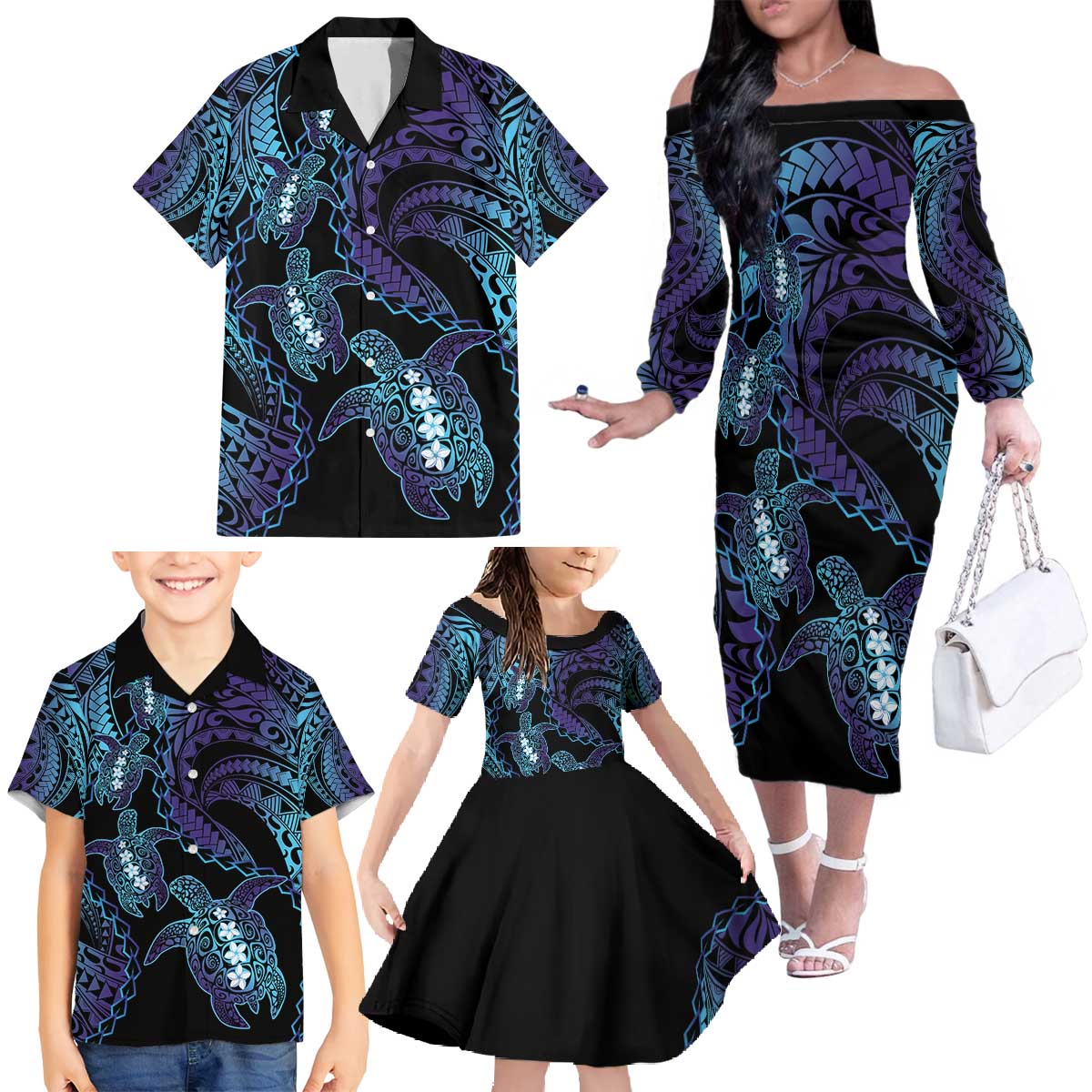 Polynesia Sea Turtle Day Family Matching Off The Shoulder Long Sleeve Dress and Hawaiian Shirt Tribal Honu Plumeria Polynesian Pattern LT14 - Polynesian Pride