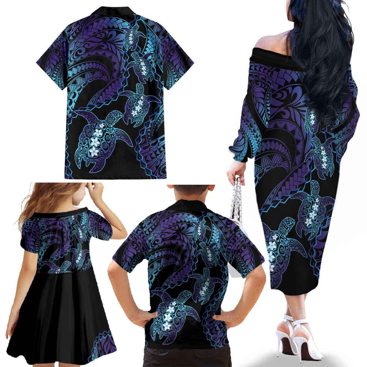 Polynesia Sea Turtle Day Family Matching Off The Shoulder Long Sleeve Dress and Hawaiian Shirt Tribal Honu Plumeria Polynesian Pattern LT14 - Polynesian Pride