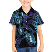 Polynesia Sea Turtle Day Family Matching Off The Shoulder Long Sleeve Dress and Hawaiian Shirt Tribal Honu Plumeria Polynesian Pattern LT14 Son's Shirt Purple - Polynesian Pride