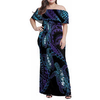 Polynesia Sea Turtle Day Family Matching Off Shoulder Maxi Dress and Hawaiian Shirt Tribal Honu Plumeria Polynesian Pattern LT14 Mom's Dress Purple - Polynesian Pride
