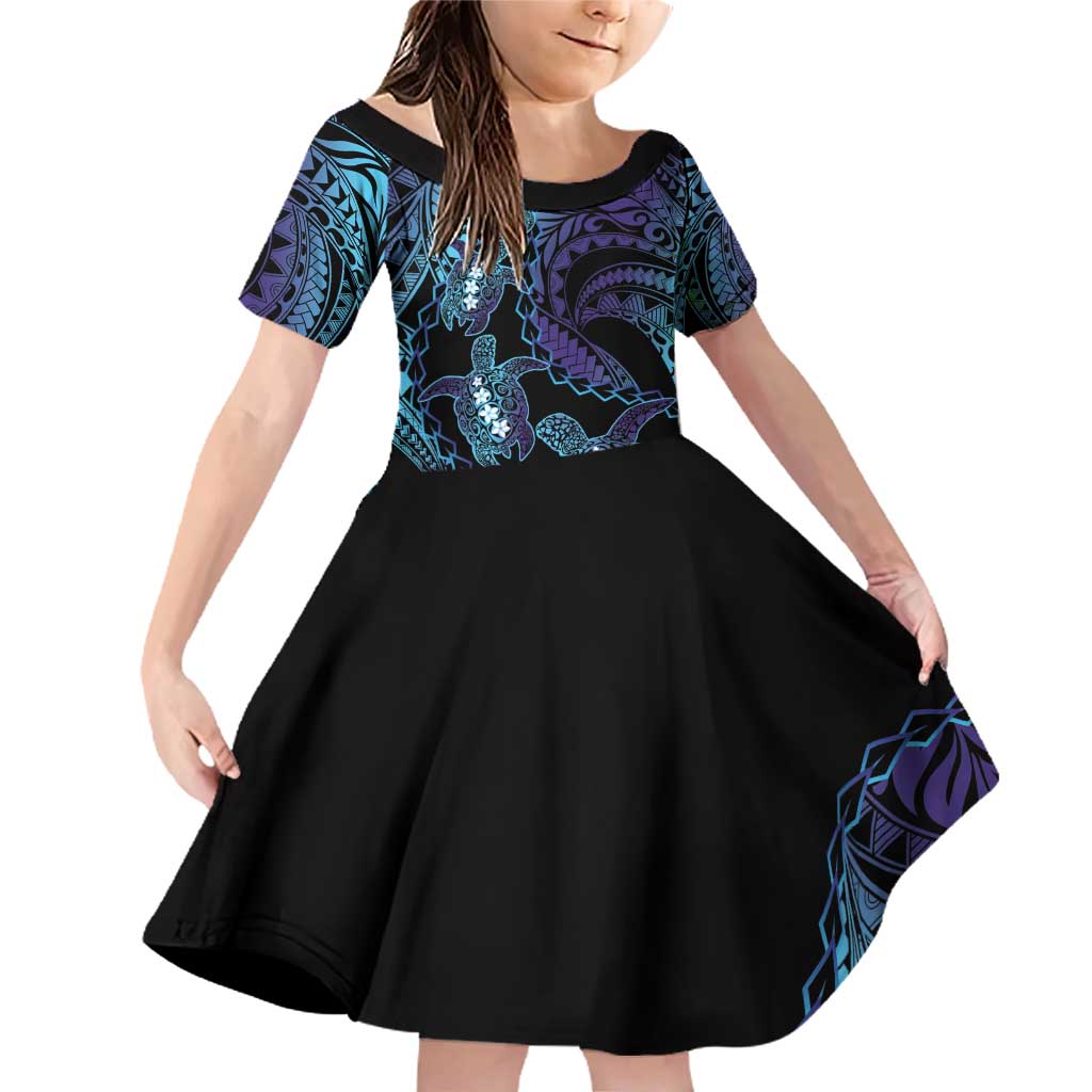 Polynesia Sea Turtle Day Family Matching Off Shoulder Short Dress and Hawaiian Shirt Tribal Honu Plumeria Polynesian Pattern LT14 Daughter's Dress Purple - Polynesian Pride