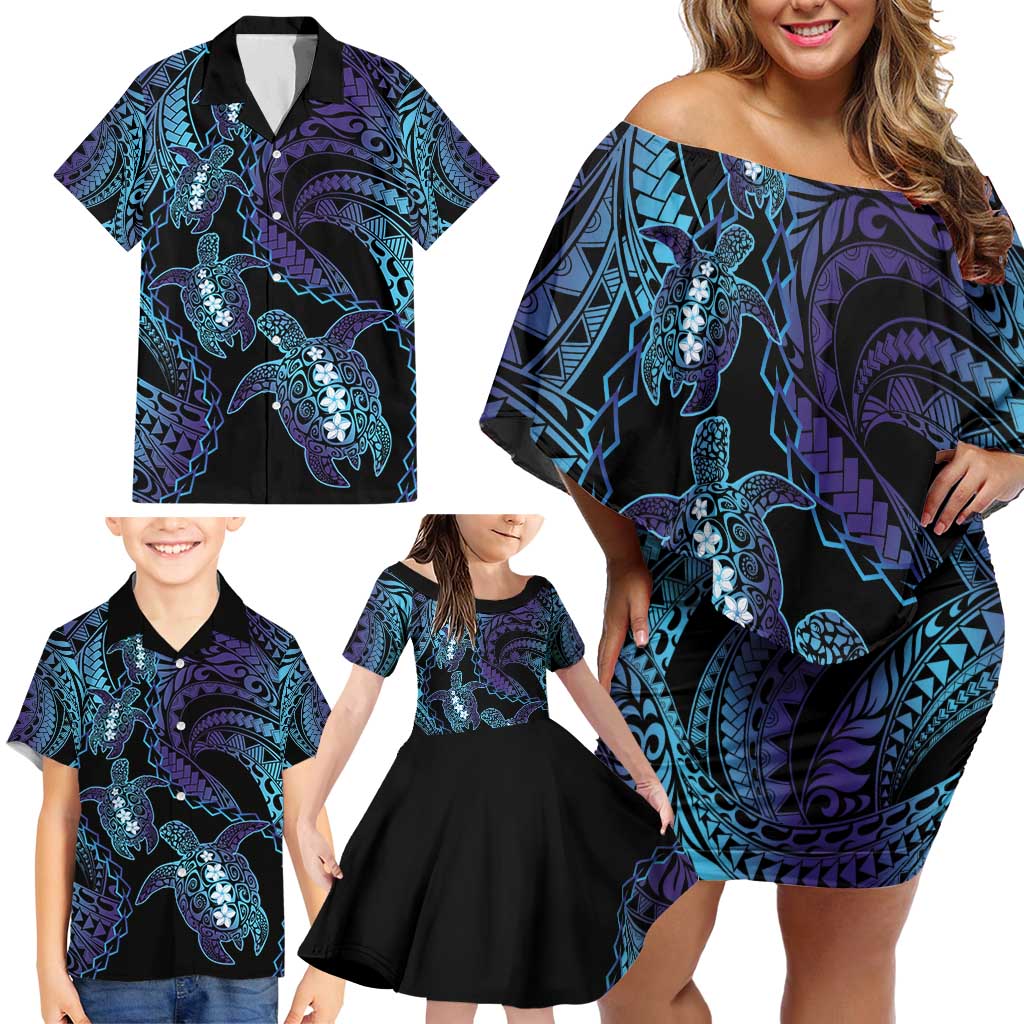 Polynesia Sea Turtle Day Family Matching Off Shoulder Short Dress and Hawaiian Shirt Tribal Honu Plumeria Polynesian Pattern LT14 - Polynesian Pride