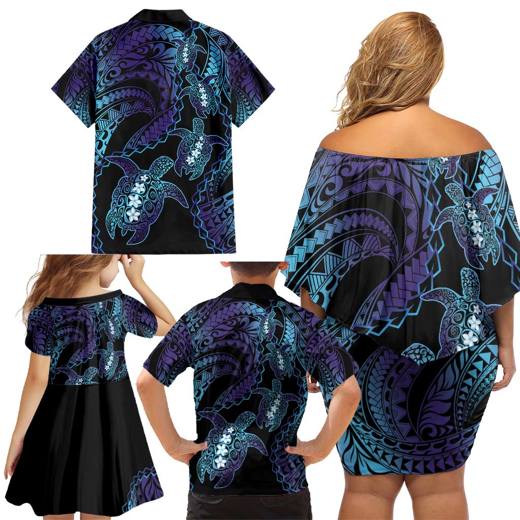 Polynesia Sea Turtle Day Family Matching Off Shoulder Short Dress and Hawaiian Shirt Tribal Honu Plumeria Polynesian Pattern LT14 - Polynesian Pride