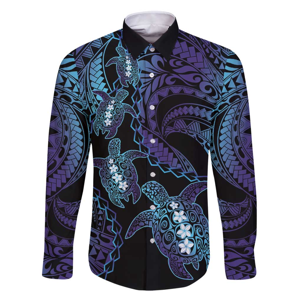 Polynesia Sea Turtle Day Family Matching Puletasi and Hawaiian Shirt Tribal Honu Plumeria Polynesian Pattern LT14 Dad's Shirt - Long Sleeve Purple - Polynesian Pride