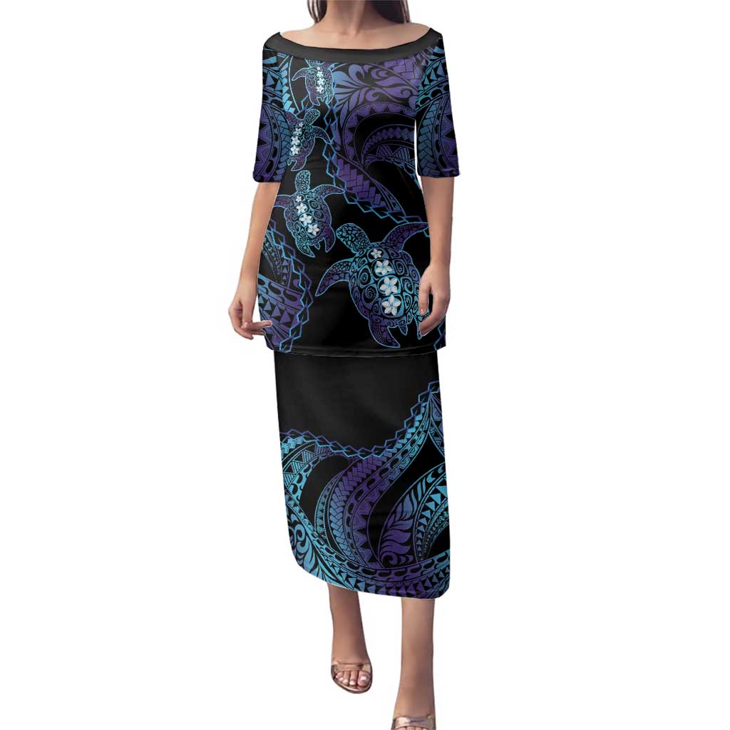 Polynesia Sea Turtle Day Family Matching Puletasi and Hawaiian Shirt Tribal Honu Plumeria Polynesian Pattern LT14 Mom's Dress Purple - Polynesian Pride