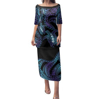 Polynesia Sea Turtle Day Family Matching Puletasi and Hawaiian Shirt Tribal Honu Plumeria Polynesian Pattern LT14 Mom's Dress Purple - Polynesian Pride