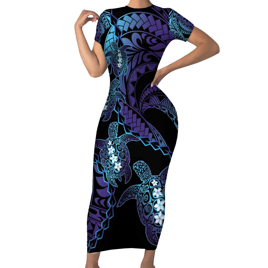 Polynesia Sea Turtle Day Family Matching Short Sleeve Bodycon Dress and Hawaiian Shirt Tribal Honu Plumeria Polynesian Pattern LT14 Mom's Dress Purple - Polynesian Pride