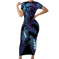 Polynesia Sea Turtle Day Family Matching Short Sleeve Bodycon Dress and Hawaiian Shirt Tribal Honu Plumeria Polynesian Pattern LT14 Mom's Dress Purple - Polynesian Pride