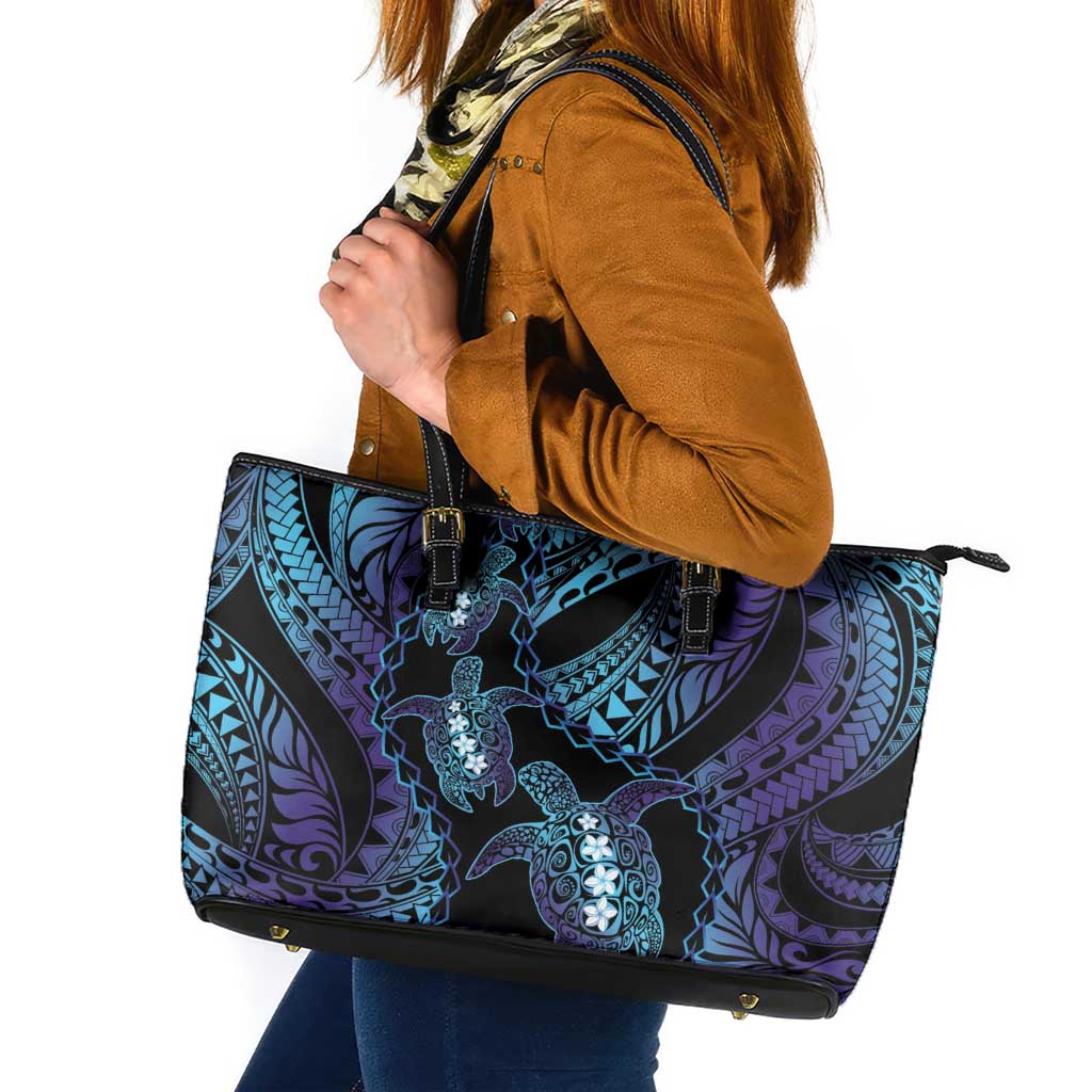 Polynesia Sea Turtle Day Leather Tote Bag Tribal Honu Plumeria Polynesian Pattern LT14 Purple - Polynesian Pride