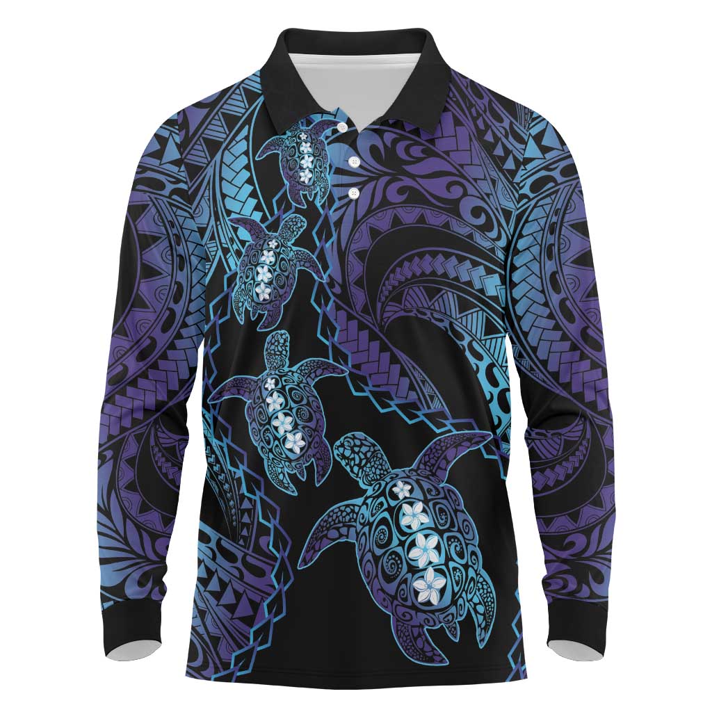 Polynesia Sea Turtle Day Long Sleeve Polo Shirt Tribal Honu Plumeria Polynesian Pattern LT14 Purple - Polynesian Pride