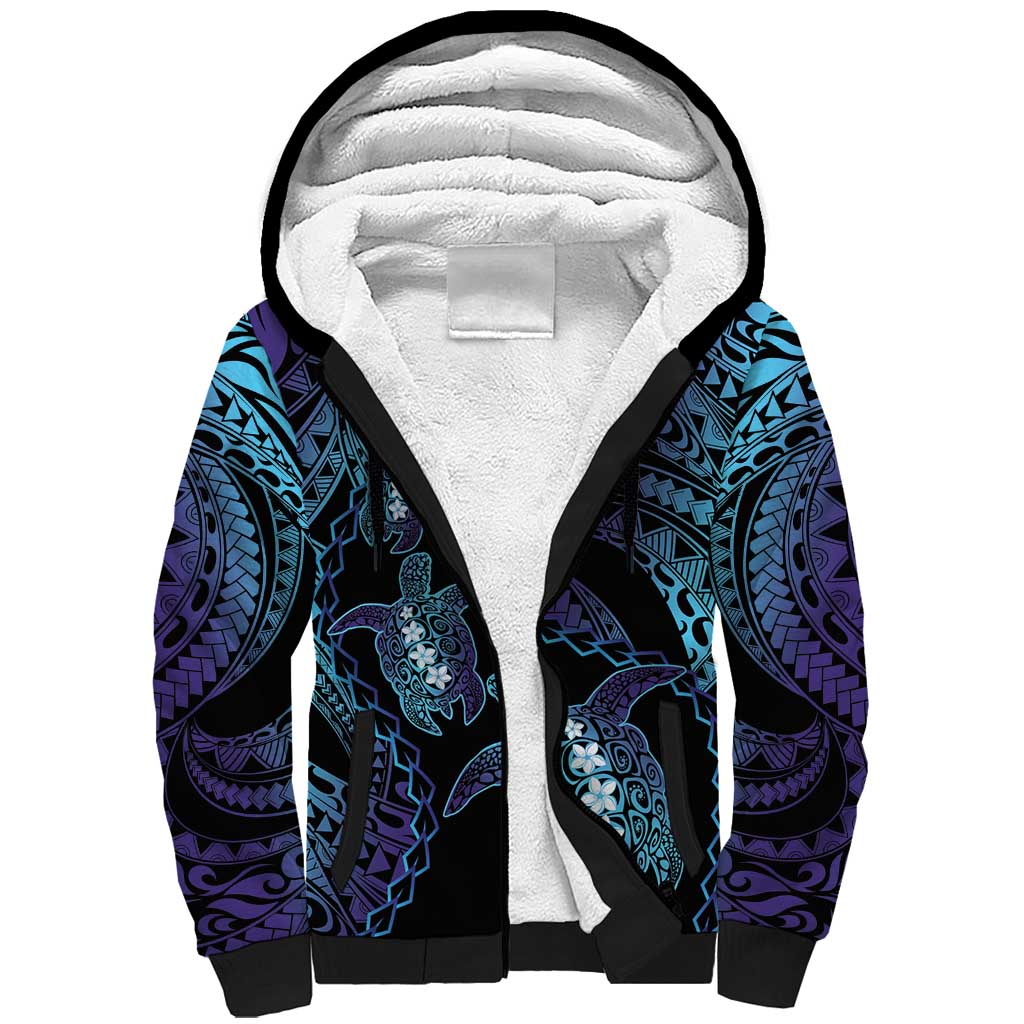 Polynesia Sea Turtle Day Sherpa Hoodie Tribal Honu Plumeria Polynesian Pattern