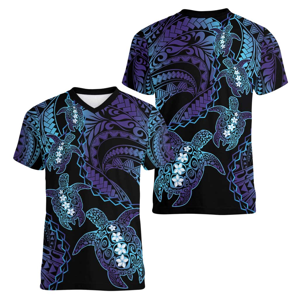 Polynesia Sea Turtle Day Women V-Neck T-Shirt Tribal Honu Plumeria Polynesian Pattern