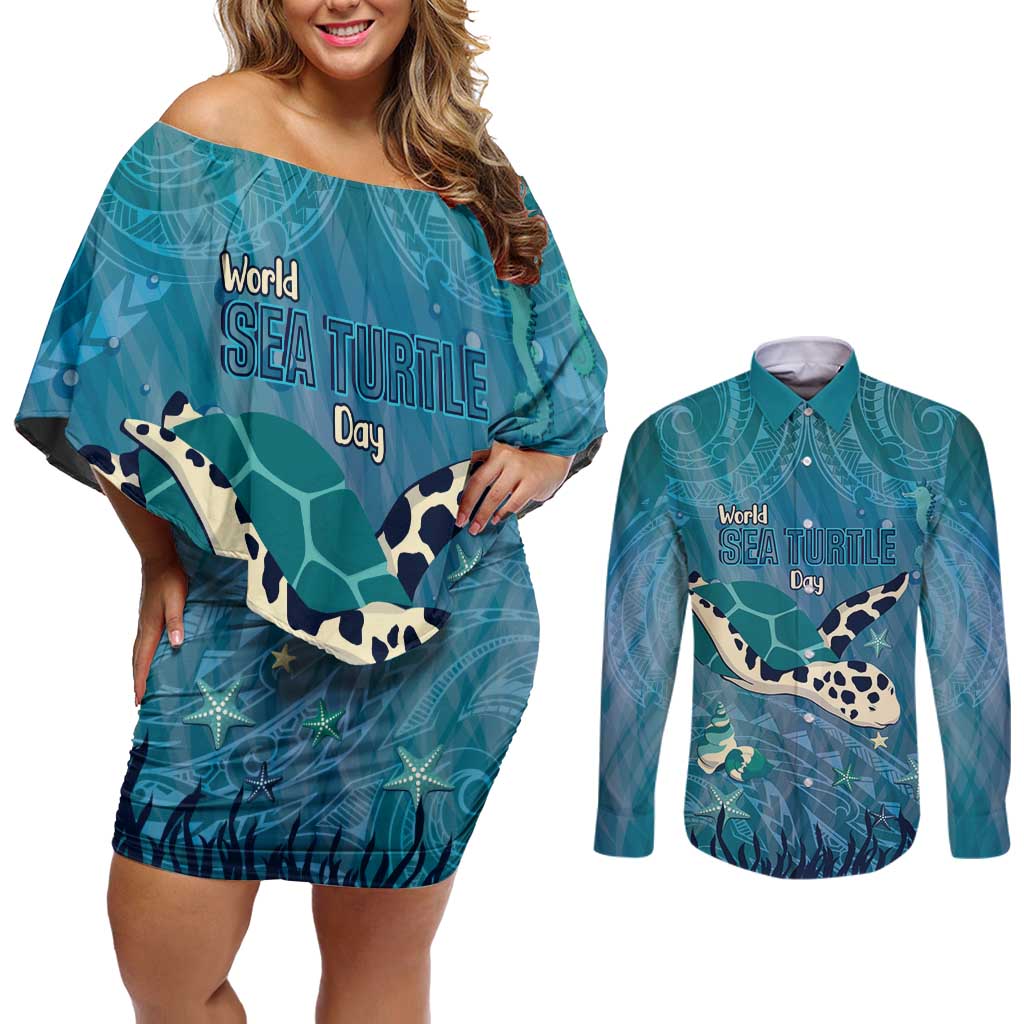 World Sea Turtle Day Polynesia Couples Matching Off Shoulder Short Dress and Long Sleeve Button Shirt Go With The Flow LT14 Cyan - Polynesian Pride