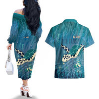 World Sea Turtle Day Polynesia Couples Matching Off The Shoulder Long Sleeve Dress and Hawaiian Shirt Go With The Flow LT14 - Polynesian Pride