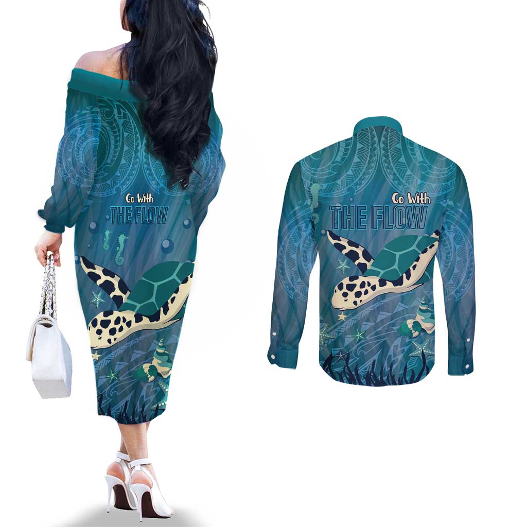 World Sea Turtle Day Polynesia Couples Matching Off The Shoulder Long Sleeve Dress and Long Sleeve Button Shirt Go With The Flow