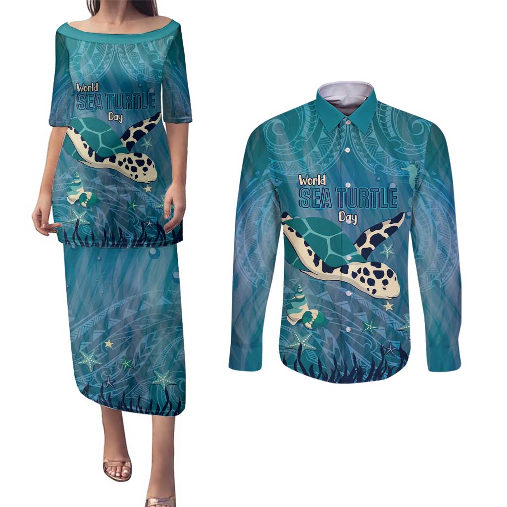 World Sea Turtle Day Polynesia Couples Matching Puletasi and Long Sleeve Button Shirt Go With The Flow LT14 Cyan - Polynesian Pride