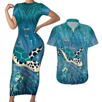 World Sea Turtle Day Polynesia Couples Matching Short Sleeve Bodycon Dress and Hawaiian Shirt Go With The Flow LT14 Cyan - Polynesian Pride