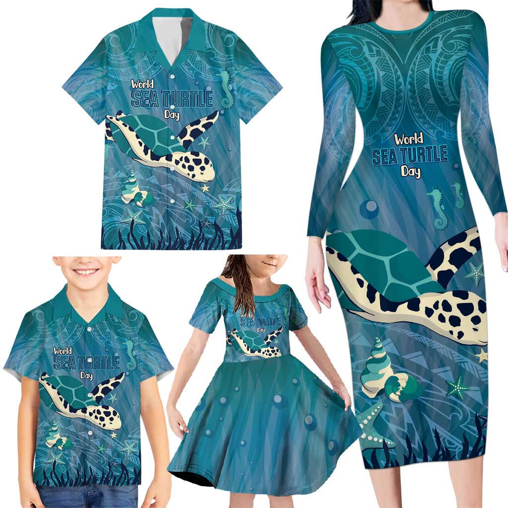 World Sea Turtle Day Polynesia Family Matching Long Sleeve Bodycon Dress and Hawaiian Shirt Go With The Flow LT14 - Polynesian Pride