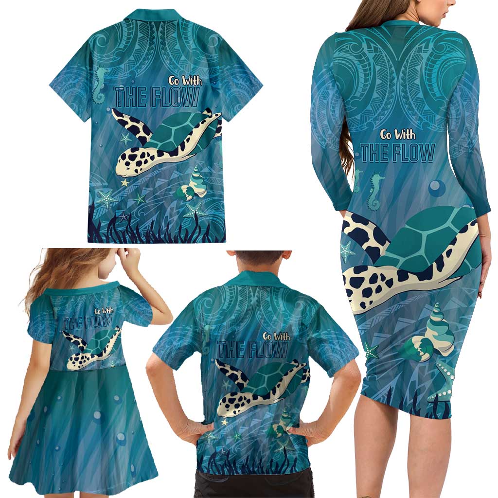World Sea Turtle Day Polynesia Family Matching Long Sleeve Bodycon Dress and Hawaiian Shirt Go With The Flow LT14 - Polynesian Pride