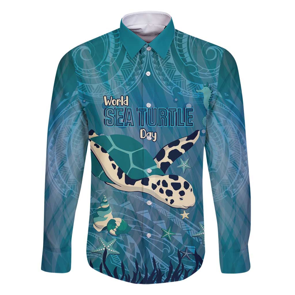 World Sea Turtle Day Polynesia Family Matching Long Sleeve Bodycon Dress and Hawaiian Shirt Go With The Flow LT14 Dad's Shirt - Long Sleeve Cyan - Polynesian Pride