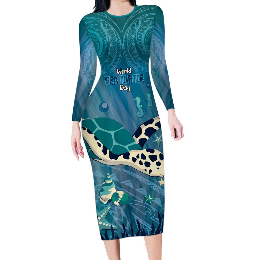 World Sea Turtle Day Polynesia Family Matching Long Sleeve Bodycon Dress and Hawaiian Shirt Go With The Flow LT14 Mom's Dress Cyan - Polynesian Pride