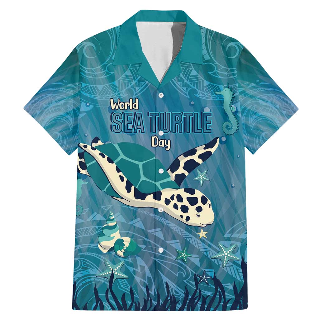 World Sea Turtle Day Polynesia Family Matching Mermaid Dress and Hawaiian Shirt Go With The Flow LT14 Dad's Shirt - Short Sleeve Cyan - Polynesian Pride